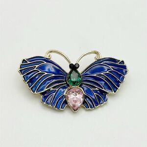 Small Dainty Blue Butterfly Brooch with Green & Pink Rhinestones Whimsical